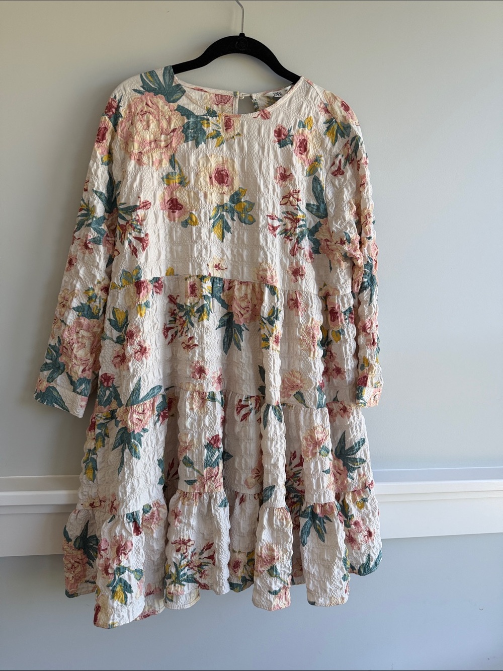 Zara Cream Floral Mini Dress with Pink & Green Accents